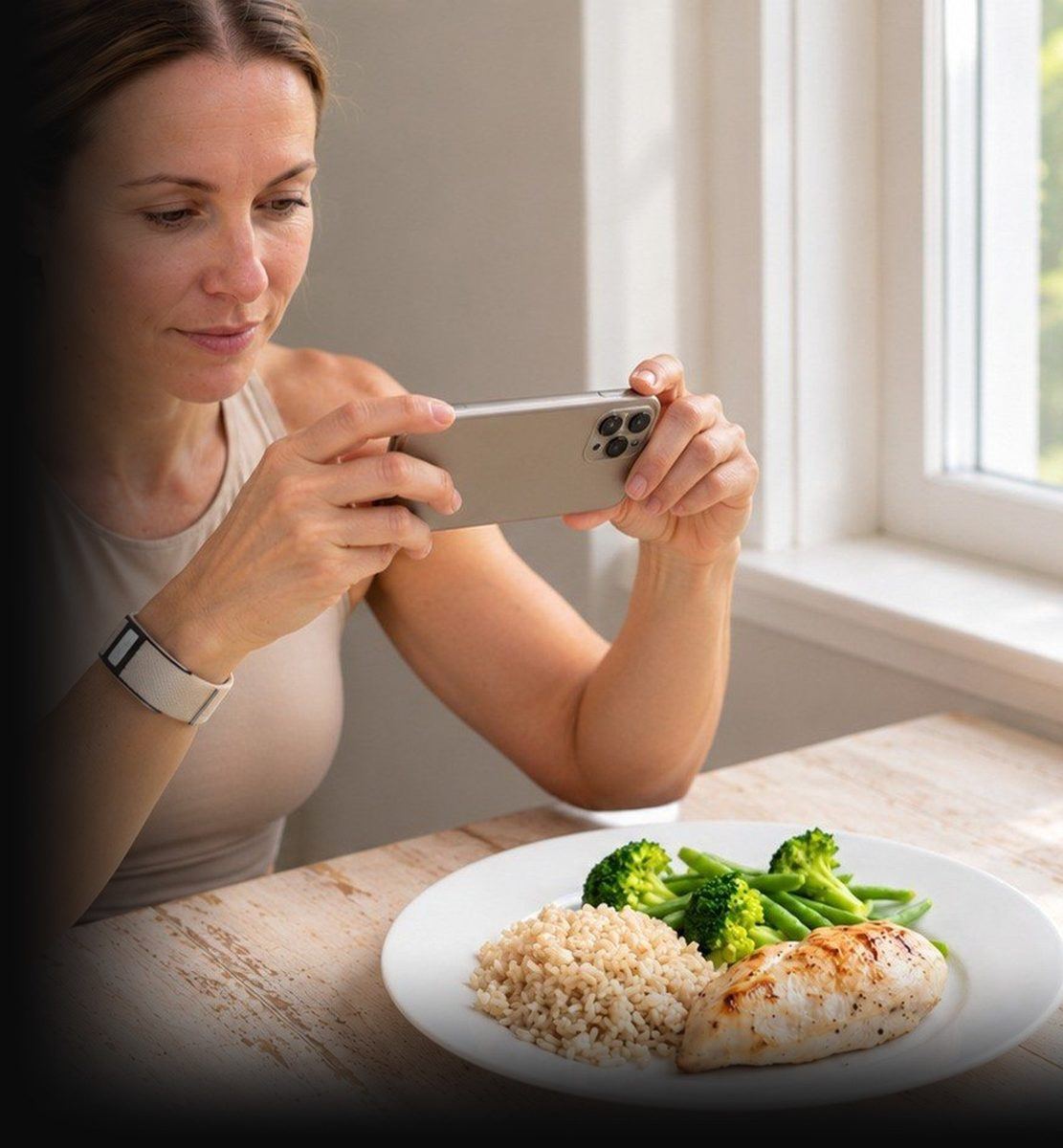 A woman photographing a healthy meal, wearing a Thrive sensor