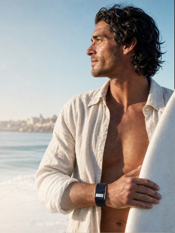 A man with a surfboard on the beach wearing a Thrive band